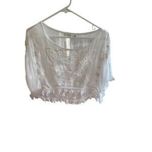 Millau XS White Sheer Embroidered Boho Crop Top Tassel Hemline Will Fit Up To M